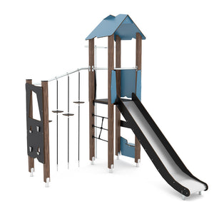 Wooden 3 playground with climbing wall and climbing ropes