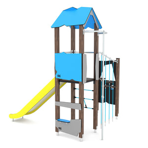 Wooden 3 playground with climbing wall and climbing ropes