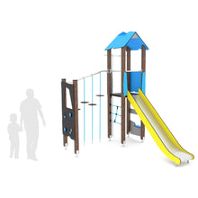 Load image into Gallery viewer, Wooden 3 playground with climbing wall and climbing ropes
