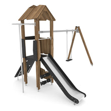 Load image into Gallery viewer, Wooden 5 playground with swing and slide for public use
