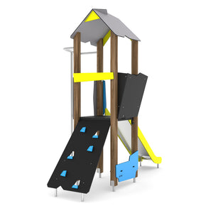 Playground Wooden 2 tower with slide and climbing wall for public use
