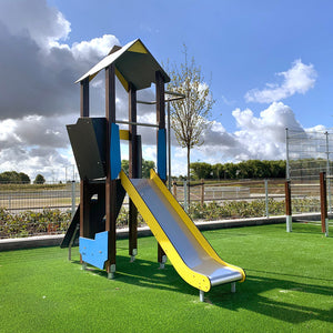 Playground Wooden 2 tower with slide and climbing wall for public use