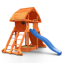 Load image into Gallery viewer, Teak-colored Giant playground with extra-large house, sandpit, climbing wall and large slide
