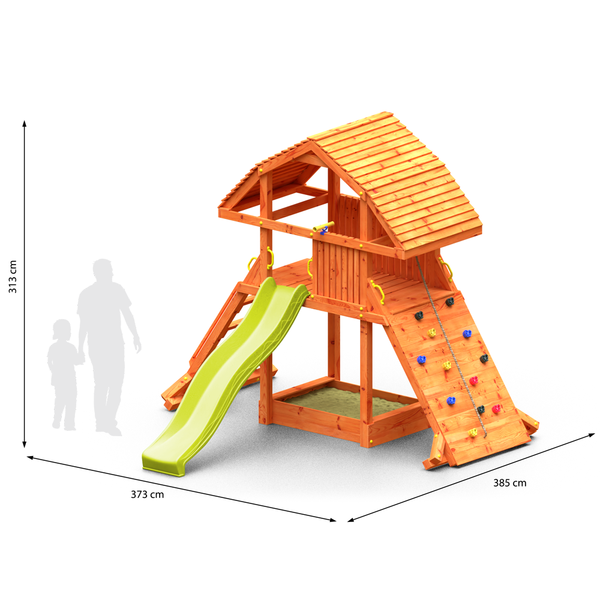Teak-colored Giant playground with extra-large house, sandpit, climbing wall and large slide