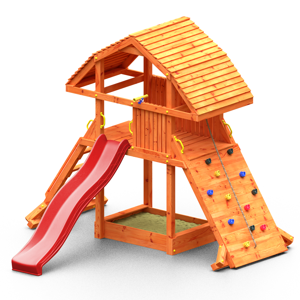 Teak-colored Giant playground with extra-large house, sandpit, climbing wall and large slide