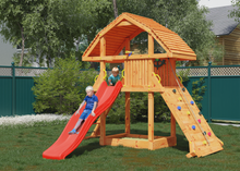 Load image into Gallery viewer, Teak-colored Giant playground with extra-large house, sandpit, climbing wall and large slide
