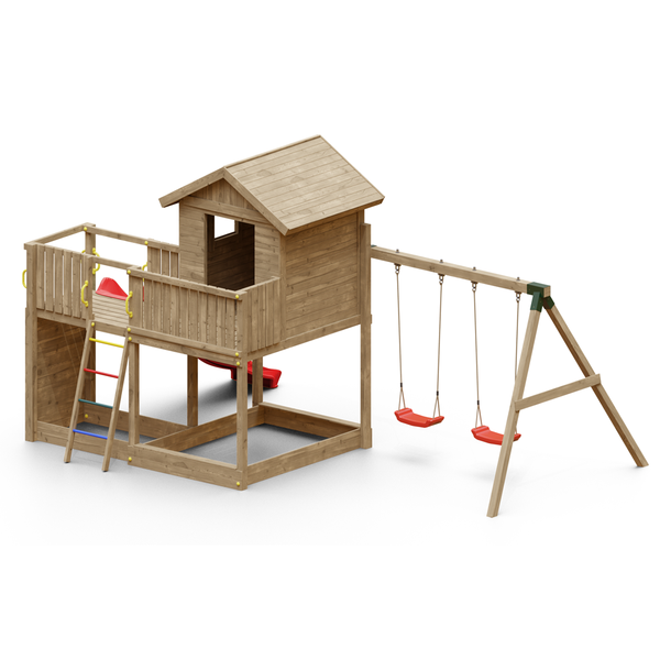 Parque infantil con casita de madera y columpios
