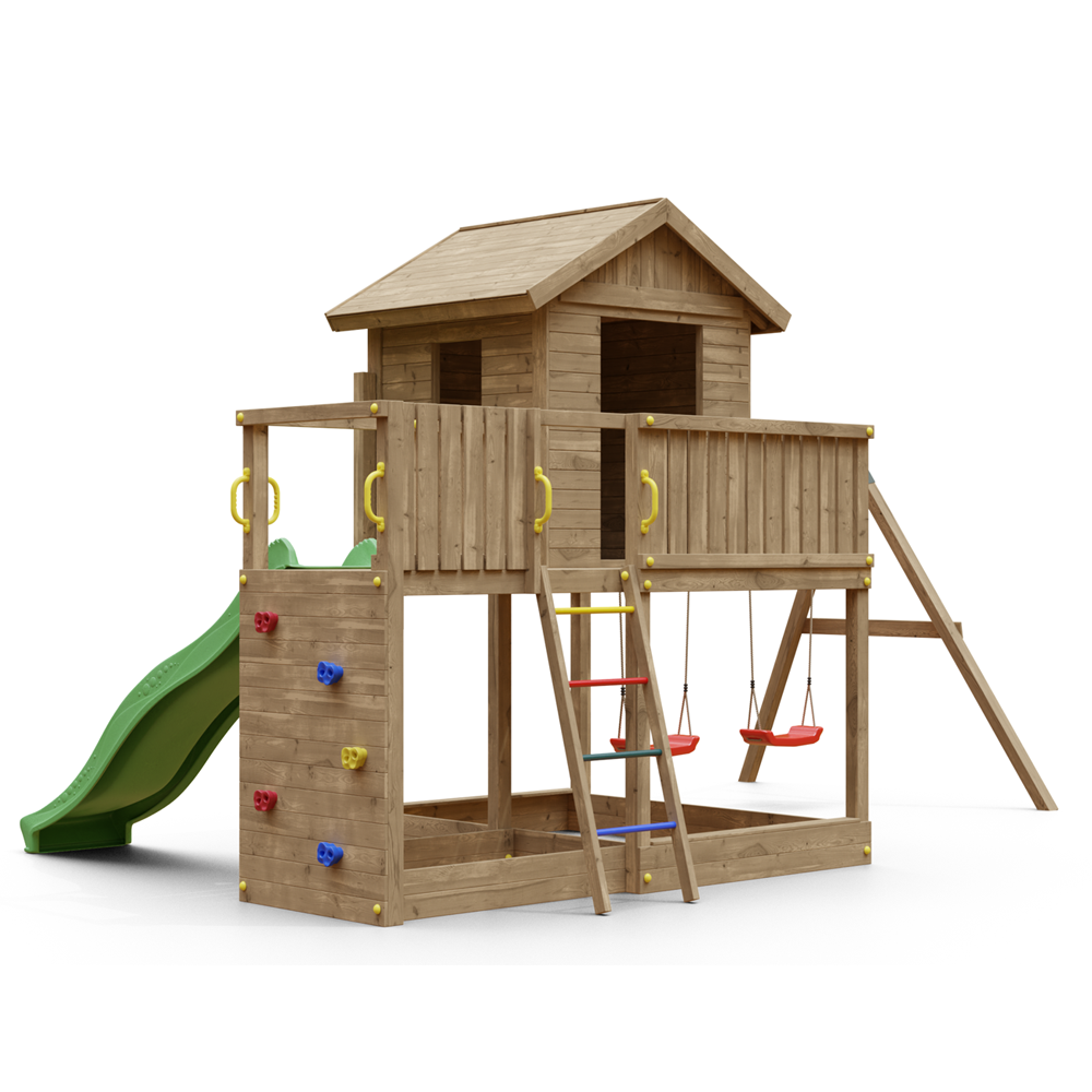 Parque Infantil Galaxy L con columpio, casa de madera y tobogán