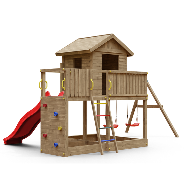 Galaxy L climbing frame with swing, wooden house and slide