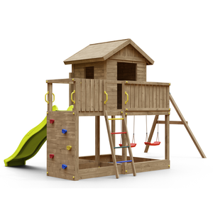 Parque Infantil Galaxy L con columpio, casa de madera y tobogán