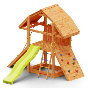 Buffalo Teak colour climbing frame with, sandpit and climbing wall