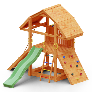 Buffalo Teak colour climbing frame with, sandpit and climbing wall