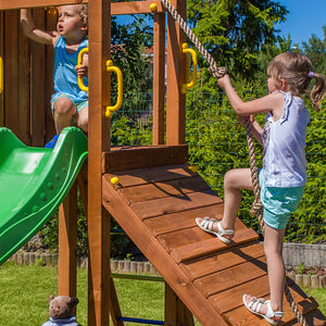 Floppi Teak colour playground with picnic table and double swing