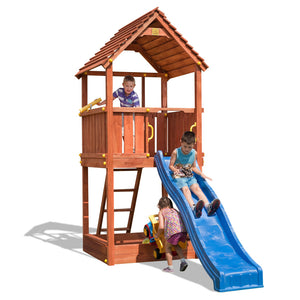 Joy slide for garden in Teak colour with tower and sandpit