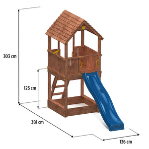 Joy slide for garden in Teak colour with tower and sandpit