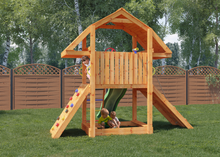 Load image into Gallery viewer, Buffalo Teak colour climbing frame with, sandpit and climbing wall
