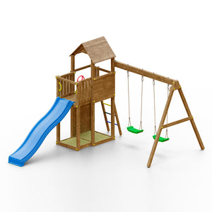 Playground with blue slide and double swing 