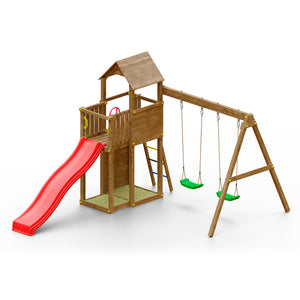 Parque infantil de madera con tobogán rojo