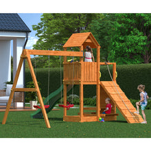 Load image into Gallery viewer, Floppi Teak colour playground with picnic table and double swing
