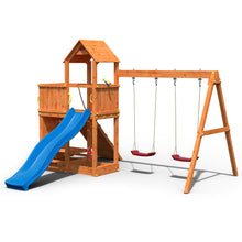 Load image into Gallery viewer, Floppi Teak colour playground with picnic table and double swing
