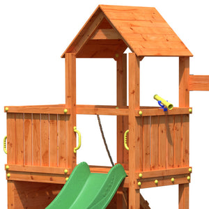 Floppi Teak colour playground with picnic table and double swing